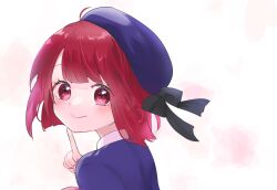 Rule 34 | 1girl, arima kana, beret, blue hat, blue vest, blush, bob cut, closed mouth, happy, hat, hat ribbon, highres, inverted bob, looking at viewer, oshi no ko, red eyes, red hair, ribbon, school uniform, simple background, smile, solo, tagme, upper body, vest, white background, yazawaribii, youtou high school uniform