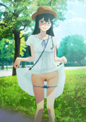 Rule 34 | 1girl, alternate costume, black hair, blue panties, breasts, clothes lift, day, dress, dress lift, embarrassed, exhibitionism, female pubic hair, green eyes, hat, kantai collection, lifting own clothes, long hair, mikan 29344886, ooyodo (kancolle), outdoors, panties, panty pull, park, pubic hair, public indecency, semi-rimless eyewear, short sleeves, small breasts, solo, sun hat, sundress, tree, uncensored, under-rim eyewear, underwear