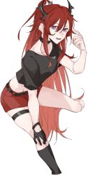 Rule 34 | 1girl, arknights, black choker, black gloves, black shirt, black socks, choker, commentary, demon horns, gloves, hand on own knee, highres, horns, kneehighs, long hair, looking at viewer, molu stranger, parted lips, pointing, pointing at self, ponytail, purple eyes, red hair, red skirt, shirt, short sleeves, simple background, skirt, slit pupils, smile, socks, solo, spread legs, surtr (arknights), thigh strap, white background