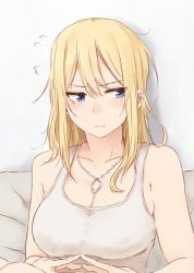 Rule 34 | 1girl, bare shoulders, blonde hair, blush, breasts, camisole, cleavage, closed mouth, flying sweatdrops, frown, grey camisole, jewelry, kinpatsu-chan (rucchiifu), large breasts, looking to the side, messy hair, necklace, original, purple eyes, rucchiifu, solo, upper body