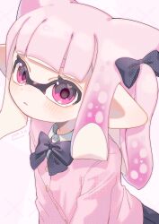 Rule 34 | 1girl, artist name, black bow, black bowtie, bow, bowtie, dated, eyelashes, hair bow, heart, heart in eye, highres, inkling, inkling girl, inkling player character, looking at viewer, medium hair, nintendo, open mouth, pink eyes, pink hair, pointy ears, sahata saba, simple background, solo, splatoon (series), symbol in eye, tentacle hair, twitter username, upper body, white background