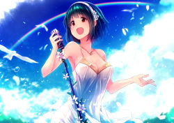 Rule 34 | 1girl, bad id, bad pixiv id, breasts, cleavage, dress, green hair, hairband, idolmaster, idolmaster (classic), ima (lm ew), large breasts, md5 mismatch, microphone, mole, mole under mouth, open mouth, otonashi kotori, rainbow, red eyes, short hair, sky, smile, solo