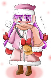 Rule 34 | 1girl, puff of air, bad id, bad pixiv id, bag, blush, boots, coat, female focus, full body, gloves, hair ribbon, handbag, hat, jitome, long hair, mittens, patchouli knowledge, purple eyes, purple hair, red gloves, red mittens, red ribbon, ribbon, scarf, simple background, solo, standing, touhou, white background, winter clothes, winter coat