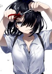 Rule 34 | 1girl, arms up, backpack, bag, black hair, blue eyes, breast pocket, buttons, closed mouth, collarbone, collared shirt, cutting hair, dress shirt, expressionless, fingernails, hair over one eye, highres, holding, lips, looking at viewer, original, pocket, scissors, shirt, short hair, short sleeves, simple background, sogawa66, solo, suspenders, tearing up, tears, upper body, white background, wing collar