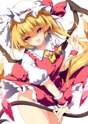 Rule 34 | 1girl, blonde hair, commentary request, cowboy shot, crystal wings, flandre scarlet, hat, hat ribbon, highres, long hair, looking at viewer, mob cap, one side up, pointy ears, red eyes, red ribbon, red skirt, red vest, ribbon, sakurame, shirt, short sleeves, simple background, skirt, slit pupils, solo, touhou, vest, white background, white hat, white shirt