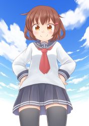 Rule 34 | &gt;:), 10s, 1girl, anchor symbol, black thighhighs, blue skirt, blue sky, brown eyes, brown hair, cloud, cloudy sky, cowboy shot, day, hair ornament, hairclip, hands on own hips, highres, ikazuchi (kancolle), kantai collection, kasumisometsuki, long sleeves, looking at viewer, neckerchief, pleated skirt, red neckerchief, sailor collar, school uniform, serafuku, short hair, skirt, sky, smile, solo, thighhighs, v-shaped eyebrows