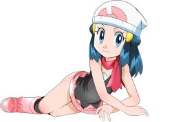 Rule 34 | beanie, blue eyes, blue hair, boots, creatures (company), dawn (pokemon), game freak, hainchu, hair ornament, hat, long hair, looking at viewer, nintendo, pink footwear, pokemon, pokemon (anime), pokemon dppt (anime), simple background, skirt, smile, solo, white background