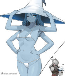 Rule 34 | 1girl, alternate breast size, armpits, bikini, blue eyes, blue hair, blue skin, blush, blush stickers, breasts, collarbone, colored skin, cowboy shot, donburi (donburikazoku), elden ring, extra arms, hair between eyes, hat, highres, looking at viewer, medium hair, micro bikini, navel, one eye closed, ranni the witch, simple background, small breasts, solo focus, standing, swimsuit, tarnished (elden ring), white background, white bikini, wizard hat