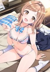 Rule 34 | 1girl, :d, bare arms, bed, bed sheet, blanket, blue shirt, blush, bow, bow bra, bra, breasts, brown eyes, cleavage, collarbone, frill trim, frilled bra, frills, head tilt, heart, highres, idolmaster, idolmaster shiny colors, indoors, lamp, light, light brown hair, lingerie, long hair, looking at viewer, medium breasts, navel, on bed, ootomo takuji, open mouth, panties, pillow, plaid, plaid bra, plaid neckwear, plaid panties, plaid skirt, pleated skirt, sailor collar, sakuragi mano, school uniform, seiza, shirt, sitting, skirt, smile, socks, tissue box, underwear, underwear only, unworn clothes, white legwear