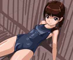Rule 34 | 1girl, ass, bad id, bad pixiv id, black eyes, blue hair, blue one-piece swimsuit, blue school swimsuit, braid, brown eyes, brown hair, collarbone, competition swimsuit, cowboy shot, female focus, from above, long hair, lowres, lying, on back, one-piece swimsuit, original, ponytail, rohitsuka, school swimsuit, short hair, smile, solo, swimsuit