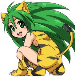 Rule 34 | 1girl, animal ears, animal hands, animal print, breasts, cat ears, cat tail, cham cham, fang, full body, gloves, green eyes, green hair, long hair, looking at viewer, open mouth, paw gloves, paw shoes, samurai spirits, simple background, sketch, small breasts, smile, solo, tail, tiger print, white background, yuuya (blue scarab)