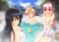 Rule 34 | 3girls, ^ ^, absurdres, ahoge, antenna hair, back, bare shoulders, bird, black hair, blush, breasts, brown hair, bucket, bucket of water, cleavage, closed eyes, cloud, covering privates, day, duck, embarrassed, forest, fujimi suzu, green eyes, hair between eyes, hand on thigh, head tilt, headphones, highres, holding another&#039;s arm, holding own arm, large breasts, light smile, long hair, looking at viewer, looking back, mountain, multiple girls, naked towel, nature, nitroplus, nose blush, nude, nude cover, onsen, orange hair, outdoors, partially submerged, pink eyes, pink hair, red eyes, rock, rubber duck, sawwei005, short hair, sideboob, sitting, sky, smile, soaking feet, steam, super sonico, towel, toy, watanuki fuuri, water, wet, wet hair, wooden bucket