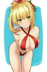 Rule 34 | 10s, 1girl, 2016, ahoge, bare shoulders, blonde hair, blush, breasts, cleavage, collarbone, cowboy shot, criss-cross halter, crossed arms, dated, fate/extra, fate (series), green eyes, grin, groin, halterneck, large breasts, leaning forward, lips, looking at viewer, nero claudius (fate), nero claudius (fate) (all), nero claudius (fate/extra), official alternate costume, rain (nadroj31), short hair, sideboob, sidelocks, slingshot swimsuit, smile, solo, sweat, swimsuit, thigh gap