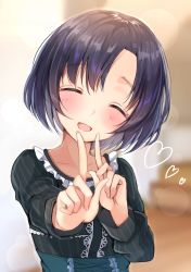 Rule 34 | 10s, 1girl, :d, ^ ^, black hair, blurry, closed eyes, cross-laced footwear, depth of field, facing viewer, flat chest, head tilt, heart, highres, idolmaster, idolmaster cinderella girls, index finger raised, indoors, koi dance, long sleeves, looking at viewer, open mouth, outstretched arm, purple hair, satoimo chika, shiragiku hotaru, short hair, smile, solo, upper body