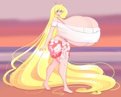 Rule 34 | 1girl, barefoot, blonde hair, breasts, cassie (theycallhimcake), closed mouth, gigantic breasts, highres, long hair, original, outdoors, smile, solo, standing, theycallhimcake, underboob