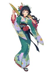 Rule 34 | 1girl, aqua eyes, black hair, floral print, flower, full body, furisode, hair ornament, hairpin, hand fan, highres, holding hands, japanese clothes, kimono, long hair, long sleeves, microphone, mizuto umi (blue monday), mizutoumi (graphic loops), music, off shoulder, official art, open mouth, sandals, simple background, singing, solo, standing, tabi, table, toys drive, uryuu yukie, white background, wide sleeves