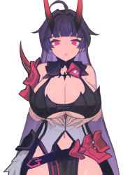 Rule 34 | 1girl, :o, absurdres, ahoge, armor, bare shoulders, breasts, cleavage, highres, honkai (series), honkai impact 3rd, horns, jack (darkshero), japanese armor, large breasts, long hair, looking at viewer, mind control, navel, open mouth, purple hair, raiden mei, raiden mei (herrscher of thunder), red eyes, simple background, single shoulder pad, solo, white background
