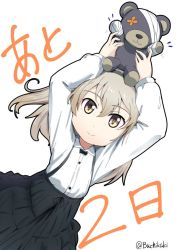 Rule 34 | 1girl, arms up, bandages, black bow, black bowtie, black ribbon, black skirt, boko (girls und panzer), bow, bowtie, brown eyes, buchikaki, casual, closed mouth, collared shirt, commentary, countdown, dutch angle, girls und panzer, hair ribbon, high-waist skirt, holding, holding stuffed toy, light brown hair, long hair, long sleeves, looking at viewer, medium skirt, motion lines, one side up, ribbon, shimada arisu, shirt, skirt, smile, solo, standing, stuffed animal, stuffed toy, suspender skirt, suspenders, teddy bear, translated, twitter username, white shirt