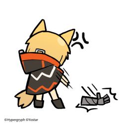 Rule 34 | 1girl, anger vein, angry, animal ears, arknights, black cloak, black footwear, blonde hair, chibi, cloak, commentary request, company name, fox ears, fox tail, from behind, full body, gauntlets, gloves, line (naver), motion lines, official art, shoes, simple background, single gauntlet, single glove, solo, standing, tail, throwing, vermeil (arknights), watermark, white background