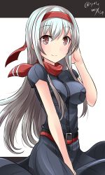 Rule 34 | 1girl, 2017, black dress, breast pocket, cosplay, cowboy shot, dated, dress, hairband, hebitsukai-san, highres, kantai collection, long hair, looking at viewer, neckerchief, pocket, red eyes, red neckerchief, remodel (kantai collection), saratoga (kancolle), saratoga (kancolle) (cosplay), shoukaku (kancolle), silver hair, smile, solo, twitter username