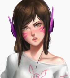 Rule 34 | 1girl, animal print, artist name, blush, brown eyes, brown hair, cable, casual, collarbone, commentary, d.va (overwatch), disgust, facepaint, facial mark, fang, food, food on face, frown, grey shirt, head tilt, headphones, highres, lipstick, long hair, looking at viewer, makeup, nose, off shoulder, open mouth, overwatch, overwatch 1, pink lips, portrait, rabbit print, ragecndy, shirt, signature, simple background, solo, swept bangs, whisker markings, white background