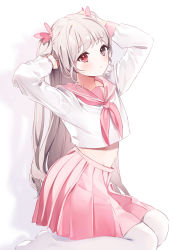 Rule 34 | 1girl, a20 (atsumaru), blue eyes, brown hair, commentary, copyright request, cropped shirt, female focus, hand on own head, hands on own head, heterochromia, highres, long hair, long sleeves, looking at viewer, midriff, pantyhose, pink sailor collar, pink skirt, pleated skirt, red eyes, sailor collar, school uniform, seiza, serafuku, shadow, simple background, sitting, skirt, solo, twintails, white background, white pantyhose