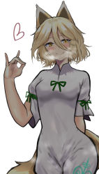 Rule 34 | 1girl, absurdres, animal ear fluff, animal ears, blonde hair, bow, breasts, breath, covered navel, fellatio gesture, fox ears, fox girl, fox shadow puppet, fox tail, green bow, green ribbon, hair between eyes, heart, highres, kudamaki tsukasa, legs, looking at viewer, mandarin collar, puffy short sleeves, puffy sleeves, ribbon, sen (daydream 53), shade, short hair, short sleeves, simple background, sitting, slit pupils, small breasts, smile, solo, tail, touhou, wariza, yellow eyes