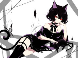 Rule 34 | 1girl, absurdres, animal ears, artist name, bare shoulders, black cat, black choker, black dress, black hair, black ribbon, black thighhighs, bug, butterfly, cat, cat ears, cat tail, choker, cowboy shot, dress, eyelashes, garter straps, hand up, highres, insect, looking at viewer, lying, nail polish, neck ribbon, off-shoulder dress, off shoulder, on side, original, red eyes, red nails, ribbon, sheya, short dress, signature, simple background, solo, tail, thighhighs, thighs, white background