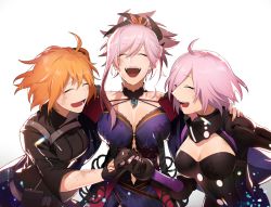 Rule 34 | 3girls, :d, ^ ^, ahoge, arm around neck, bare shoulders, black bodysuit, black gloves, bodysuit, breasts, cleavage, cleavage cutout, closed eyes, clothing cutout, collarbone, command spell, commentary request, fate/grand order, fate (series), fujimaru ritsuka (female), fujimaru ritsuka (female) (polar chaldea uniform), gloves, hair ornament, highres, holding hands, japanese clothes, kimono, large breasts, long sleeves, magatama, mash kyrielight, mash kyrielight (ortenaus), medium breasts, miyamoto musashi (fate), miyamoto musashi (third ascension) (fate), multiple girls, obi, open mouth, orange hair, ororooops, pink hair, purple kimono, sash, sheath, sheathed, short hair, short ponytail, side ponytail, simple background, single sidelock, sleeves past elbows, smile, swept bangs, upper body, white background, wide sleeves