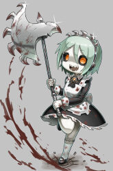 Rule 34 | 1girl, :d, absurdres, apron, axe, black dress, black sclera, blood, blood on clothes, blood splatter, colored sclera, derurago, dress, full body, green hair, grey background, hairband, highres, holding, holding axe, maid, maid apron, open mouth, original, sanpaku, sharp teeth, short hair, smile, solo, stitches, teeth, yellow eyes, zombie