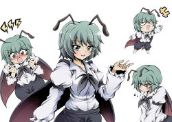 Rule 34 | :d, :o, antenna hair, black cape, black pants, blush, cape, clenched hands, closed mouth, flying sweatdrops, green hair, hidefu kitayan, highres, juliet sleeves, lightning bolt symbol, long sleeves, looking at viewer, multiple views, open mouth, pants, puffy sleeves, shirt, short hair, simple background, smile, touhou, v arms, white background, white shirt, wriggle nightbug