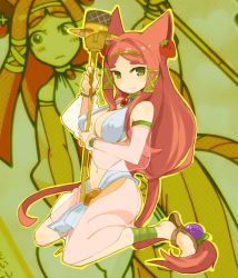 Rule 34 | 1girl, animal ears, breasts, character request, cleavage, detached sleeves, covered erect nipples, eyebrows, green eyes, hair tubes, highres, jewelry, kaiten muten-maru, large breasts, long hair, looking at viewer, mota, navel, pendant, red hair, sandals, sitting, solo, staff, thick eyebrows, very long hair, wariza