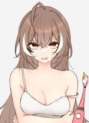 Rule 34 | 1girl, ahoge, alternate costume, annoyed, bare arms, bare shoulders, breasts, brown eyes, brown hair, camisole, cleavage, collarbone, crossed arms, crossed bangs, furrowed brow, hair between eyes, hair down, hair ornament, hairclip, highres, hololive, hololive english, long hair, looking at viewer, m r b, medium breasts, nanashi mumei, no bra, open mouth, pov, runes, shirt, shrugging, simple background, strap slip, toothbrush, toothpaste, upper body, very long hair, virtual youtuber, white shirt