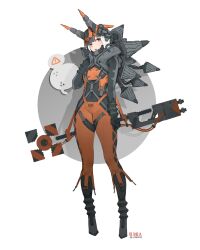 Rule 34 | 1girl, arm at side, arrow (symbol), barcode, black bodysuit, bodysuit, chinese commentary, commentary request, covered navel, drop shadow, expressionless, full body, grey background, grey horns, groin, headgear, highres, horns, liren44, looking at viewer, machine, mechanical horns, mechanical parts, metal, open mouth, orange bodysuit, orange horns, original, red eyes, science fiction, skin tight, solo, strap, twitter username, white background, white hair