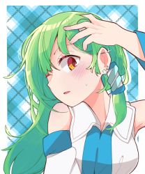 Rule 34 | 1girl, barbell piercing, bare shoulders, blush, collared shirt, commentary request, detached sleeves, ear piercing, frog hair ornament, green hair, hair ornament, hair tubes, hand in own hair, head tilt, industrial piercing, kochiya sanae, long hair, looking at viewer, one eye closed, open mouth, outline, piercing, shirt, sleeveless, sleeveless shirt, snake hair ornament, solo, sweatdrop, touhou, two-tone shirt, white outline, white shirt, yamase, yellow eyes