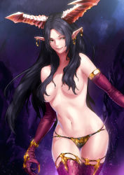 Rule 34 | 1girl, bare shoulders, black hair, breasts, brown eyes, censored, claws, contrapposto, convenient censoring, delta zone, demon girl, earrings, elbow gloves, gloves, hair censor, hip focus, horns, jewelry, large breasts, long hair, lots of jewelry, navel, night, original, pointy ears, purple gloves, purple thighhighs, smile, solo, standing, thigh gap, thighhighs, underwear