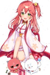 Rule 34 | 1girl, 35p (sakura miko), ahoge, bell, blush, breasts, bridal garter, cat, cherry blossoms, dinosaur, gift, green eyes, hair bell, hair ornament, hairclip, hands on own cheeks, hands on own face, heart, highres, hololive, kintoki (sakura miko), long hair, looking at viewer, mi taro333, open mouth, pink cat, pink hair, sakura miko, sakura miko (1st costume), virtual youtuber, white background, white cat, wide sleeves