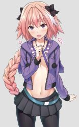 Rule 34 | 1boy, animal hood, astolfo (fate), astolfo (memories at trifas) (fate), black bow, blush, bow, braid, clothes lift, fang, fate/apocrypha, fate/grand order, fate (series), hair ribbon, highres, hood, male focus, miniskirt, navel, nectar (fujiya), official alternate costume, pantyhose, pink hair, purple eyes, rabbit hood, ribbon, shirt, shirt lift, single braid, skin fang, skirt, striped clothes, striped shirt, trap