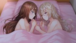 Rule 34 | 2girls, ahoge, bed, bed sheet, blonde hair, blue eyes, blush, breasts, brown hair, closed mouth, eye contact, floor, from above, hands up, indoors, kogado, long hair, looking at another, lying, mugendou saki, multiple girls, nude, on bed, on side, otori ai, pillow, pink eyes, small breasts, smile, sweat, under covers, upper body, yumeututu re： master, yuri