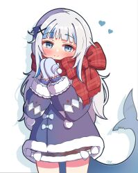 1girl absurdres blue_coat blue_eyes blue_hair blue_mittens blush closed_mouth coat fins fish_tail gawr_gura gawr_gura_(winter_casual) grey_hair hair_ornament heart highres hololive hololive_english long_hair looking_at_viewer mittens multicolored_hair official_alternate_costume official_alternate_hair_length official_alternate_hairstyle own_hands_together red_scarf scarf shark_girl shark_tail shutowl simple_background smile solo tail virtual_youtuber white_background winter_clothes winter_coat x_hair_ornament