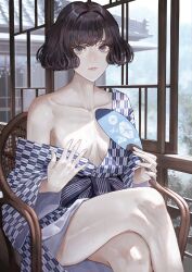 Rule 34 | 1girl, architecture, bare legs, blue eyes, blue kimono, breasts, brown hair, crossed legs, east asian architecture, expressionless, hand fan, highres, japanese clothes, kaoming, kimono, long sleeves, looking at viewer, medium breasts, original, partially undressed, short hair, solo, sweat, thighs