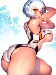 Rule 34 | 1girl, adapted costume, alternate breast size, ass, ayanami rei, back, blue hair, breasts, curvy, fumio (rsqkr), highleg, highleg leotard, highres, huge ass, large breasts, leotard, looking back, neon genesis evangelion, plugsuit, pointing, pointing to the side, red eyes, short hair, solo, thick thighs, thighs, underboob, wide hips
