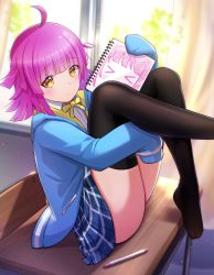 Rule 34 | &gt; &lt;, 1girl, ahoge, arm up, black thighhighs, blue jacket, blue skirt, blunt bangs, blunt ends, blurry, blurry background, blush, chair, classroom, closed mouth, collared shirt, commentary request, curtains, day, desk, expressionless, foot out of frame, hand up, highres, holding, holding sketchbook, hood, hood down, hooded jacket, indoors, jacket, kenko (a143016), knees up, leg up, light particles, long sleeves, looking at viewer, love live!, love live! nijigasaki high school idol club, medium hair, miniskirt, neck ribbon, nijigasaki academy school uniform, no shoes, on desk, open clothes, open jacket, pen, pink hair, plaid, plaid skirt, pleated skirt, ribbon, school, school chair, school desk, school uniform, shadow, shirt, sitting, on desk, sketchbook, skirt, sleeves past fingers, sleeves past wrists, solo, sunlight, tennoji rina, thighhighs, white shirt, window, yellow eyes, yellow ribbon