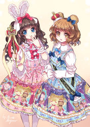 Rule 34 | 2girls, :o, animal ears, animal print, artist name, bear ears, bear print, blue bow, blue dress, blue eyes, bow, brown eyes, brown hair, center frills, commentary, covering own mouth, crown, dress, frilled sleeves, frills, hair bow, highres, index finger raised, lace, lace-trimmed dress, lace trim, lolita fashion, long hair, long sleeves, multiple girls, north abyssor, original, pantyhose, pastel colors, pink dress, print dress, rabbit ears, rabbit print, red bow, ribbon, scepter, short hair, smile, two side up, wavy mouth, ||/