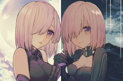 Rule 34 | absurdres, albino (a1b1n0623), armor, armored dress, armored leotard, bad id, bad pixiv id, before and after, black armor, black leotard, breasts, cleavage, dual persona, fate/grand order, fate (series), gloves, hair over one eye, highres, holding hands, huge filesize, interlocked fingers, leotard, looking at another, mash kyrielight, mash kyrielight (ortenaus), open mouth, purple eyes, purple gloves, purple hair, short hair, smile