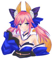 Rule 34 | 10s, 1girl, animal ears, asuka (aqua space), bare shoulders, blush, breasts, cleavage, detached sleeves, fate/extra, fate (series), fox ears, fox tail, hair ribbon, japanese clothes, large breasts, looking at viewer, pink hair, ribbon, simple background, smile, solo, tail, tamamo no mae (fate/extra), twintails, white background, yellow eyes