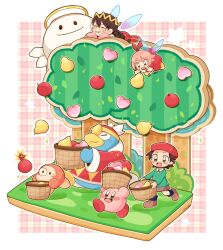 Rule 34 | 3girls, :d, adeleine, apple, arms up, basket, beret, blush, blush stickers, bomb, boots, border, braid, brown footwear, brown hair, bush, cardboard cutout, closed eyes, closed mouth, commentary request, dress, explosive, fairy, fairy wings, food, fruit, fruit tree, fur-trimmed sleeves, fur trim, glasses, grass, green eyes, green shirt, grey skirt, grin, hair ribbon, halo, hat, heart, holding, holding basket, jacket, king dedede, kirby, kirby (series), kirby 64, long sleeves, midooka (o k k), multiple girls, nintendo, open mouth, pear, pink background, plaid, plaid background, red dress, red headwear, red jacket, red ribbon, ribbon, ribbon (kirby), ripple star queen, round eyewear, shirt, short hair, simple background, skirt, smile, solid circle eyes, star (symbol), tree, waddle dee, white border, wings, zero two (kirby)