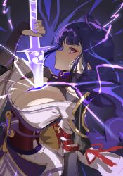 Rule 34 | 1girl, absurdres, armor, blunt bangs, breasts, cleavage, commentary request, eyeshadow, genshin impact, highres, holding, holding sword, holding weapon, japanese clothes, katana, kimono, large breasts, long hair, makeup, musou isshin (genshin impact), obi, purple eyes, purple hair, purple kimono, raiden shogun, red sash, sash, shedar, shoulder armor, solo, sword, upper body, very long hair, weapon