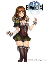 Rule 34 | 1girl, arm ribbon, blunt bangs, bow, bowtie, breasts, brown dust, brown hair, brown ribbon, brown thighhighs, cleavage, clenched hands, copyright name, cowboy shot, cross-laced clothes, dress, frills, garter straps, green dress, green eyes, green skirt, hands up, ing9, leg ribbon, legs together, long hair, looking at viewer, medium breasts, miniskirt, open mouth, pleated skirt, puffy short sleeves, puffy sleeves, red bow, red bowtie, red ribbon, ribbon, shiny skin, shirt, short sleeves, simple background, skirt, smile, solo, standing, thigh gap, thighhighs, underbust, white background, wrist cuffs, zettai ryouiki