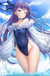 Rule 34 | 1girl, bare hips, bare shoulders, blue eyes, blue one-piece swimsuit, blue ribbon, blue sky, blush, breasts, closed mouth, collarbone, competition swimsuit, covered navel, day, fate/grand order, fate (series), frilled swimsuit, frills, gluteal fold, hair ribbon, highleg, highleg leotard, highleg swimsuit, highres, kitin, leotard, long hair, long sleeves, looking at viewer, meltryllis, meltryllis (fate), meltryllis (swimsuit lancer) (fate), meltryllis (swimsuit lancer) (second ascension) (fate), one-piece swimsuit, outdoors, puffy long sleeves, puffy sleeves, purple hair, ribbon, sky, sleeves past fingers, sleeves past wrists, small breasts, smile, solo, straight hair, swimsuit, thighs, very long hair, wading, water